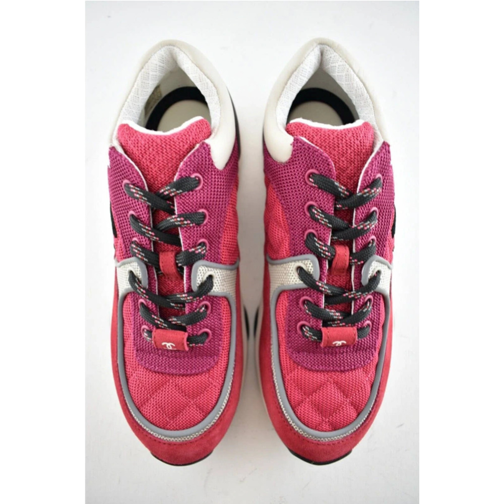 Chanel 21B Pink Black White Silver CC Logo Tie Flat Runner Trainer Sneaker 39 - Picture 7 of 12